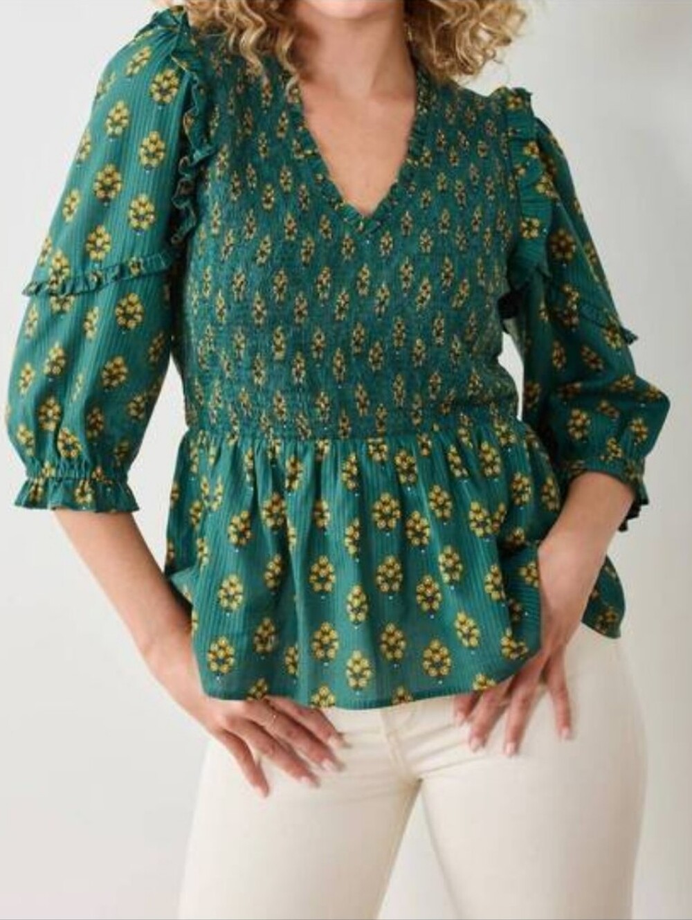 Printfresh Green Gold FloralBlouse Smocked V-Neck Peplum Top Cotton Ruffle XL